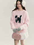 Black Friday Joskaa Y2k Pink Cat Knitted Pullovers Bow Kitty Graphic Raglan Sleeve Ribbed Sweater Women Sweet Girl Cutecore Winter Clothes