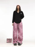 Back To School Joskaa Pink Leopard Parachute Pants Women Hip Hop Vintage Baggy Sports Wide Leg Trousers 2000s High Waist Korean Y2k Streetwear