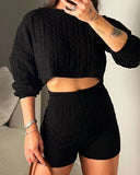 Joskaa Elegant Two Piece Set for Women Autumn Fashion O-Neck Long Sleeve Knitted Crop Top Sweater High Waisted Casual Sports Shorts Set