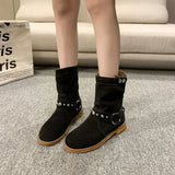 2024 New Women Leather Ankle Boots Thick Low Heels Pointed Toe Western Cowboy Boots  Warm Autumn Winter Short Shoes Woman