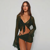 Joskaa hoco dresses Green Beach Skirt Set Women Sexy See Through Crop Top and Mini Skirt Outfits Fashion Bandage Bikini Cover Up Two Piece Set 2024