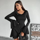 Black Friday Joskaa Flare Sleeve Slim Mini Dress For Women Fungus Splice Long Sleeve Outfits New Female Elegant Club Party Dresses High Waist