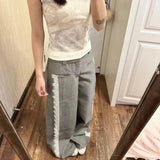 Joskaa Sweet Lace Patchwork Grey Suit Pants for Women 2024 Fashion New Loose Wide Leg  Y2k High Waist Straight Trousers Mujer