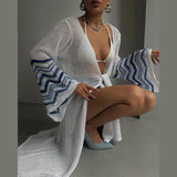 Joskaa Knitted Beach Cover-Ups Women Fashion Striped Bandage Long Sleeve Cardigan Summer Sexy Bikini Cover Up 2024 Holiday Outfits