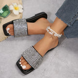 Joskaa Summer Open Toe Women Shallow Rubber Sole Slip-on Casual Sandals New Fashion Rhinestone Decorated Women's Outdoor Flat Slippers