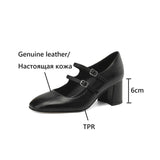 Joskaa NEW Spring/Autumn Women Pumps Genuine Leather Shoes for Women Square Toe Chunky Heel Shoes Classics Mary Janes Handmade Shoes