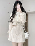 Joskaa hoco dresses Bow Sweet Kawaii Two Piece Set Women Patchwork Korean Fashion Mini Dress Suit Female Long Sleeve Coat + Vintage Dress 2024 New