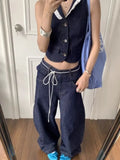 Joskaa American Retro Lace Up Jeans for Women 2024 Autumn New Straight Trousers Y2k Grunge High Waist Loose Denim Wide Leg Pants