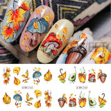 Joskaa 12pcs Autumn Maple Leaf Nail Sticker Pumpkin Fall Nail Decals Mushroom Water Transfer Slider Nail Decoration Foils Accessories