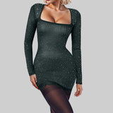 Joskaa Sparkly Glitter Mini Dress Square Neck Long Sleeve Perspective Mesh Elegant Cocktail Dresses For Women Party Wedding Plus Size