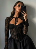 Black Friday Joskaa Sexy Lace Bandage Mini Dress Women's Fashion See Through A-line Dress Fishbone Splice Long Sleeve Black Gown Dresses Lady