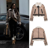 Back To School Joskaa 2024 New synthetic sheepskin women's Coat Thickened thermal bomber Jacket Y2K lapel vintage winter fashion