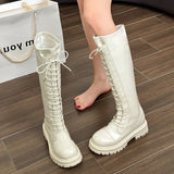 JOSKAA British style winter round head high rise fashion boots PU leather breathable cross strap middle heel youth back zipper fashion