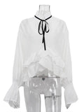 Black Friday Joskaa Sexy See-Through White Shirt Female Lace Up Ruffled Collar Long Sleeve Blouse 2024 Autumn Fashion Elegant Women's Shirt