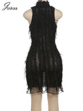 Joskaa Sexy Tassles See Through Black Dress Women Stunning Ruffles Hem Bodycon Mini Dresses 2024 Summer Midnight Party Clubwear