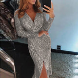 Joskaa Women Sexy Deep V Sequins Party Dress Wrap Ruched Long Sleeve Formal Dress For Women Wedding Guest Evening Party Dresses