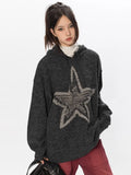 Black Friday Joskaa Vintage Star Graphic Knitted Hoodie Loose Casual Long Sleeve Sweater Pullover for Women Autumn Harajuku Streetwear Tops