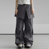 Joskaa American Retro Street Fake Two Piece Cargo Pants Y2k Elastic Waist Ruched Trousers 2024 Summer New Loose Wide Leg