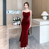 Joskaa Sexy Vintage Split Velvet Spaghetti Strap Midi Dresses for Women 2024 Autumn Winter French Elegant Wedding Party Female Clothing