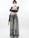 Back To School Joskaa Blue Cargo Jeans Women Y2k Fashion Oversize High Waist Multi-pocket Wide Leg Denim Trouser Harajuku Retro Do Old Bottoms