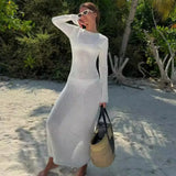 Joskaa White Knitted Beach Dress Women Fashion Hollow Out Slim Long Sleeve Holiday Dresses Summer Sexy See Through Bikini Cover Up 2024