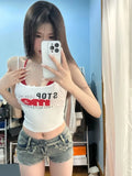 Joskaa American Sexy Print Vest for Women Fashion Slim Fit White Tank Top+ Red Halter Bottoming Camis 2024 Summe New Two Piece Sets