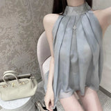 Joskaa Blouses Women Sleeveless Solid Temperament Loose Tender Summer Casual Folds Design Thin Stand Collar Fashion Streetwear Ulzzang