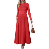 Joskaa Women Fashion Maxi Skirt Casual Round Neck Solid Color Pleated Pocket Slim Fit Long Sleeve Dresses For Women Knee Length