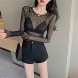 Joskaa Fashion Moon See Through Mesh Bottoming T-shirts 2024 Summer Sexy Slim Fit Tops Women Y2k Grunge Long Sleeve Black Tee Shirt