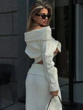 Black Friday Joskaa Knitted Skirt 2 Piece Set Women's One-Shoulder Long Sleeves Sweater Pullover Elegant Slim Fit Long Skirt Suit Autumn New