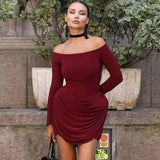 Black Friday Joskaa Elegant Ruched Long Sleeve Dress For Women One Shoulder Bodycon Mini Dress Sexy Club Party Dresses Lady Solid High Waist