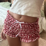 Back To School Joskaa Women's Y2K Kawaii Lounge Bloomers Plaid Print Elastic Low Waist Ruffles Stretch Sleep Slim Fit Shorts with Bow Decor