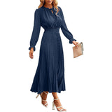 Joskaa Womens Fall Dress Casual Long Sleeve V Neck Dot Pleated A Line Flowy Temperament Midi Dress For Women 2025 Fall Commuter