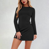 Joskaa Women'S Long Sleeve Fashion Mini Dress Boat Neck Slim Fit Party Club Bodycon Hip Hugging Fall Dresses 2025 Casual Short Dresses