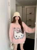 Joskaa Cartoon Cat O-neck Lazy Sweaters Mujer 2024 Autumn Sweet Pink Knitted Pullover Y2k E-Girl Waterproof Mink Tops Women