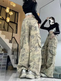 Joskaa American Retro Camouflage Cargo Pants Y2k Grunge High Waist Drawstring Trousers 2024 New Loose Straight Wide Leg