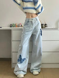 Back To School Joskaa Blue Jeans Plus Size Women Y2k Fashion Loose Butterfly Patchwork Causal High Waist Denim Pants Streetwear Retro Bottoms