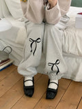 Joskaa Korean All-match Bow Print Trousers Women Spring Autumn New Thicked Warm Sweatpants Y2k E-Girl Elastic Waist Jogger Pants