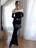 Black Friday Joskaa Color Block Off-Shoulder Long Dress Women's Higt Waist Elegant Gown Dress Long Sleeve Splice Bodycon Dress Female Fashion