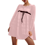 Joskaa Women Loose Puff Sleeve Flowy Comfortable Mini Dress Long Sleeve Pullover Skirt Long Cute Bow Tie Front Plus Long Sleeve Dress