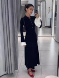 Black Friday Joskaa Flare Sleeve Splice Knitted Long Dress For Women Casual High Waist Button Lapel Sweater Dress Elegant Autumn Party Dress