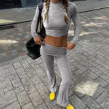 Back To School Joskaa Women Y2K 2 Piece Spring Outfits Solid Color Long Sleeves Crop Tops + Bootcut Pants Set Streetwear Aesthetic Clothes