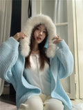 Black Friday Joskaa White Hooded Sweater Women Long Sleeve Knitted Cardigan Winter Clothes Korean Style Fashion Cutecore Oversized Coat Chic