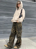 Back To School Joskaa Leopard High Waist Cargo Jeans Women Y2k Vintage Oversize Pockets Straight Wide Leg Denim Trousers Hip Hop Fashion Pants