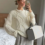 Black Friday Joskaa Fashion Casual Pullovers For Women Solid Color Round Neck Long Sleeve Knitted Sweater Loose Female 2024 Autunn Winter New