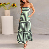 Joskaa Women Dresses Summer Spaghetti Straps Maxi Dress Fashion Casual Stripe Printed Sleeveless With Pocket Sexy Long Dress For Junior