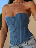 Back To School Joskaa Lace Up Denim Tank Top Women Clothing Slim Sexy Sleeveless Crop Tops Female Holiday Casual Bodycon Top Corset Woman