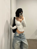 Joskaa American Fashion V-neck White Knitted T-shirts 2024 Summe New Bottoming Tops Y2k E-Girl Slim Fit Long Sleeve Tee Shirt