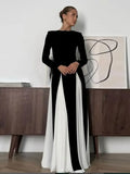 Back To School Joskaa Elegant Black White Patchwork Maxi Dresses Women Fashion O-neck Long Sleeves Slim Dress New Female Evening Party Robes