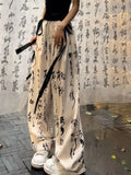 Joskaa New Chinese Style Calligraphy Pants 2024 Summer  Ice Silk Straight Trousers Y2k E-Girl High Waist Loose Wide Leg